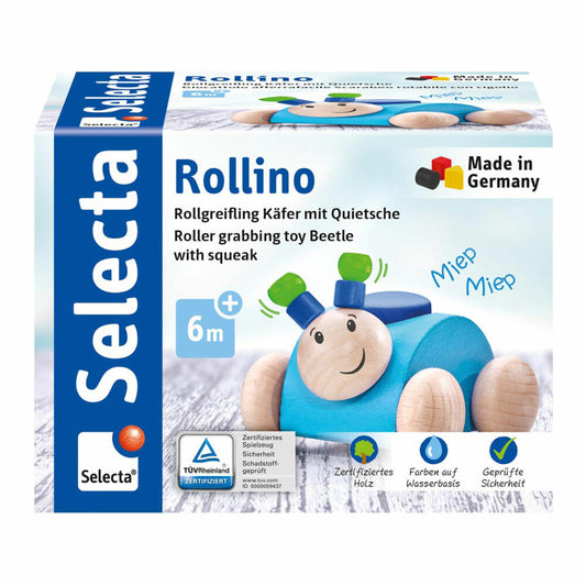 Selecta Rollino, Rollgreifling, Greifling, Greifspielzeug, Holz Spielzeug, Blau, 7.5 cm, 61073