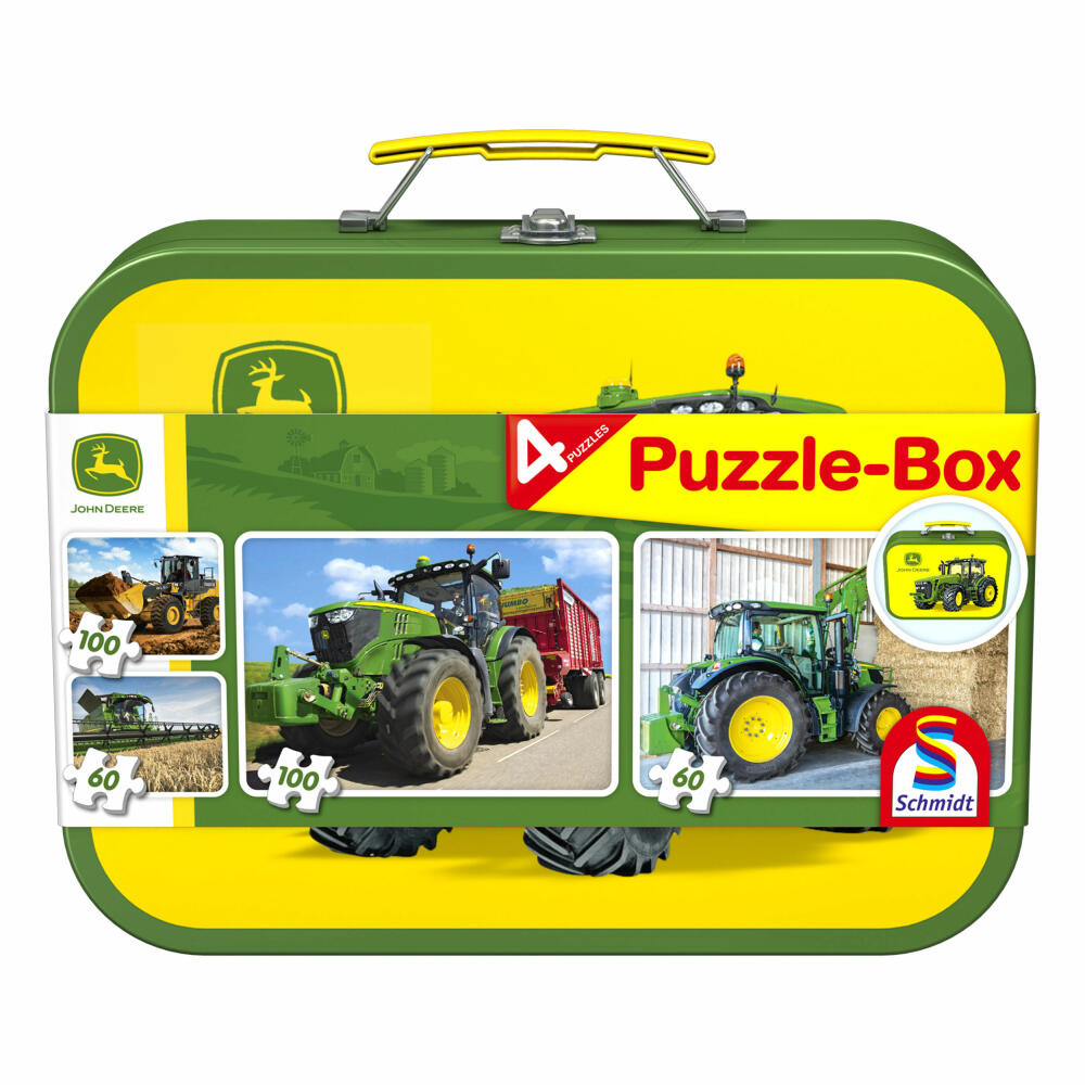 Schmidt Spiele Puzzle-Box John Deere, Traktorpuzzle, 2 x 60 / 100 Teile, Traktoren, Puzzle, Puzzlespiel, Ab 6 Jahren, 56497