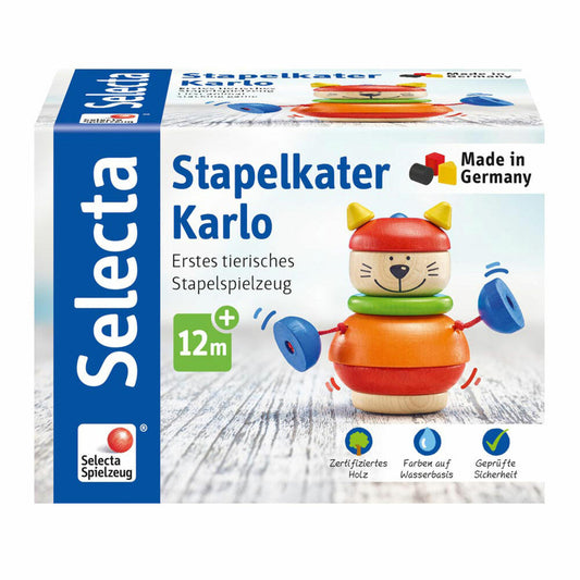 Selecta Spielzeug Stapelkater Karlo, Stapel Spiel, Kleinkindspiel, Kleinkindspielzeug, Holz, 10 cm, 62042