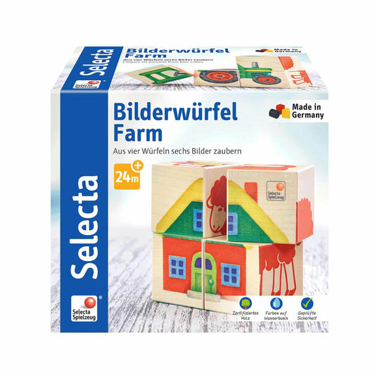 Selecta Spielzeug Bilderwürfel Farm, 4-tlg., Bilder Würfel, Kleinkindspiel, Kleinkindspielzeug, Holz, 9 cm, 62052