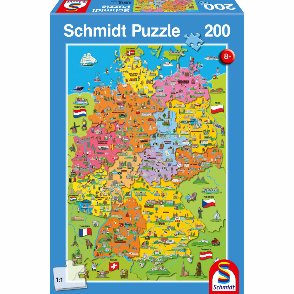 Schmidt Spiele Kinderpuzzle Deutschlandkarte mit Bildern, Standard, Kinder Puzzle, 200 Teile, Ab 8 Jahre, 56312