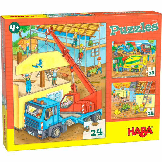 HABA Puzzles Auf der Baustellen, Kinderpuzzle, Puzzle, Kinder, ab 4 Jahren, 3 x 24 Teile, 1305469001