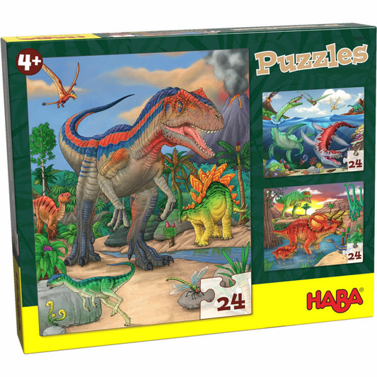 HABA Puzzles Dinosaurier, Kinderpuzzle, Puzzle, Kinder, ab 4 Jahren, 3 x 24 Teile, 1303377001