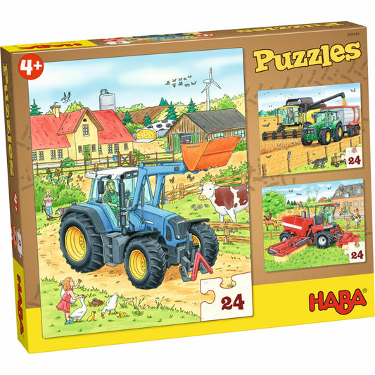 HABA Puzzles Traktor und Co., Kinderpuzzle, Puzzle, Kinder, ab 4 Jahren, 3 x 24 Teile, 1300444001