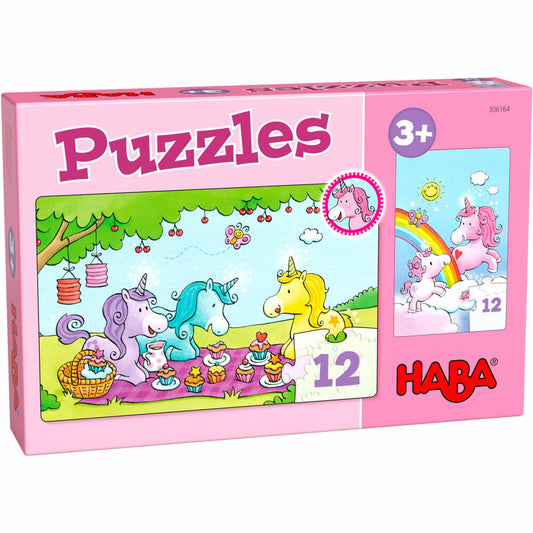 HABA Puzzles Einhorn Glitzerglück - Rosalie & Friends, Kinderpuzzle, Puzzle, Kinder, ab 3 Jahren, 2 x 12 Teile, 1306164001