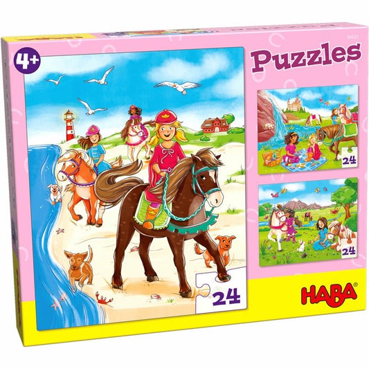 HABA Puzzles Pferdefreundinnen, Kinderpuzzle, Puzzle, Kinder, ab 4 Jahren, 3 x 24 Teile, 1304221001