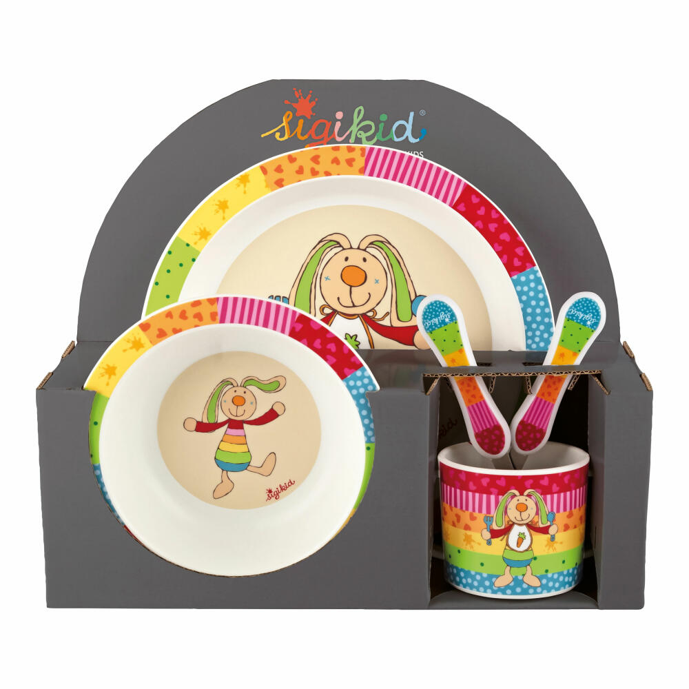 sigikid Rainbow Rabbit Geschirr-Set Hase, 5-tlg., Kindergeschirr, Kinder Geschirr, Teller, Schüssel, Besteck, 25404