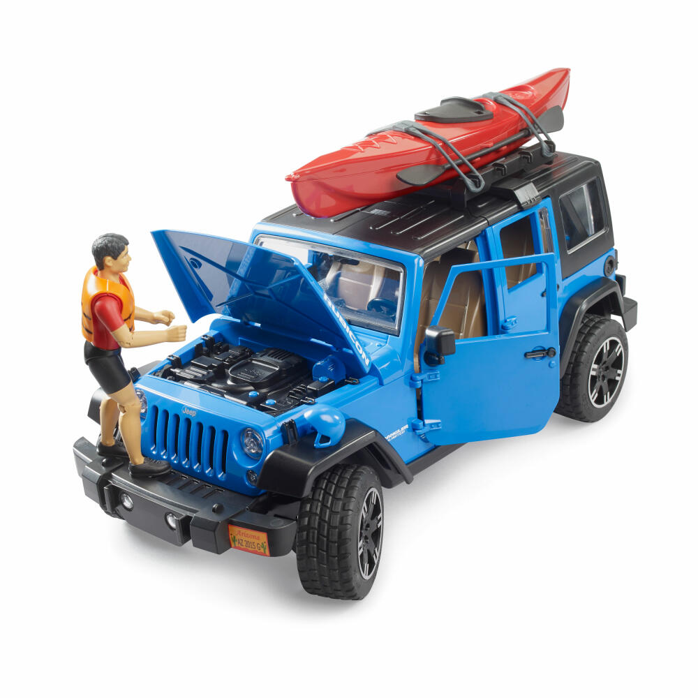 Bruder Jeep Wrangler Rubicon Unlimited mit Kajak und Figur, Spielzeugauto, Spielzeug Auto, 02529