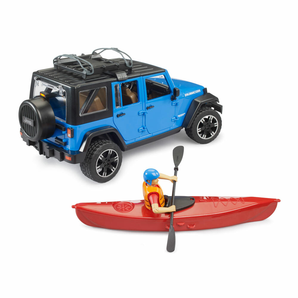 Bruder Jeep Wrangler Rubicon Unlimited mit Kajak und Figur, Spielzeugauto, Spielzeug Auto, 02529