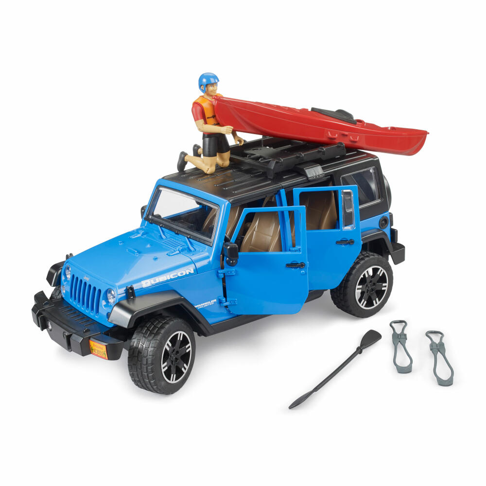 Bruder Jeep Wrangler Rubicon Unlimited mit Kajak und Figur, Spielzeugauto, Spielzeug Auto, 02529