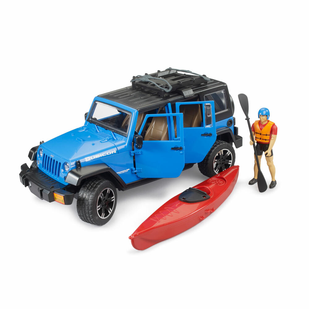 Bruder Jeep Wrangler Rubicon Unlimited mit Kajak und Figur, Spielzeugauto, Spielzeug Auto, 02529