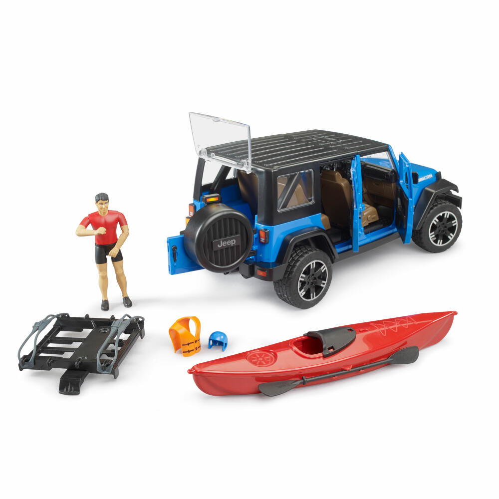 Bruder Jeep Wrangler Rubicon Unlimited mit Kajak und Figur, Spielzeugauto, Spielzeug Auto, 02529