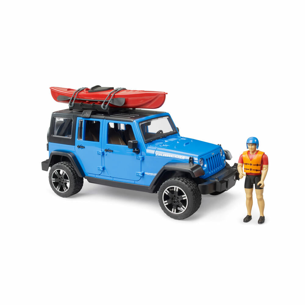 Bruder Jeep Wrangler Rubicon Unlimited mit Kajak und Figur, Spielzeugauto, Spielzeug Auto, 02529