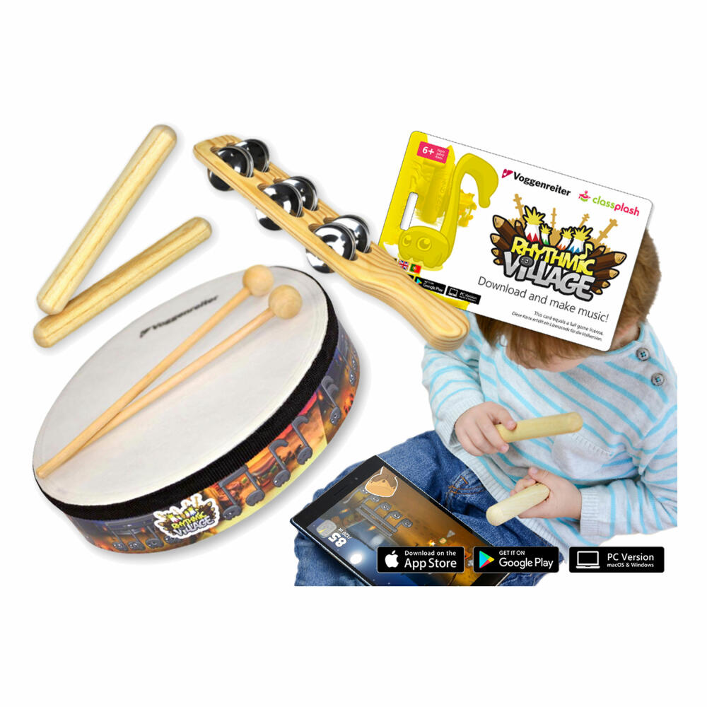 Voggenreiter Rhythmic Village Percussion-Set, 5-tlg., Handtrommel, Trommel, Klangstäbe, Schellenstab, App, Lernsoftware, Holz, ab 6 Jahre, 1130