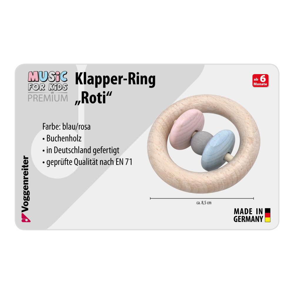 Voggenreiter Music For Kids Premium Klapper-Ring Roti, Rassel, Holzklangspielzeug, Klangspielzeug, Blau / Rosa, 1244