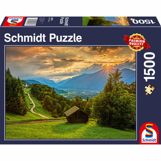 Schmidt Spiele Sonnenuntergang über dem Bergdorf Wamberg, Standard Puzzle, Erwachsenenpuzzle, 1500 Teile, 58970