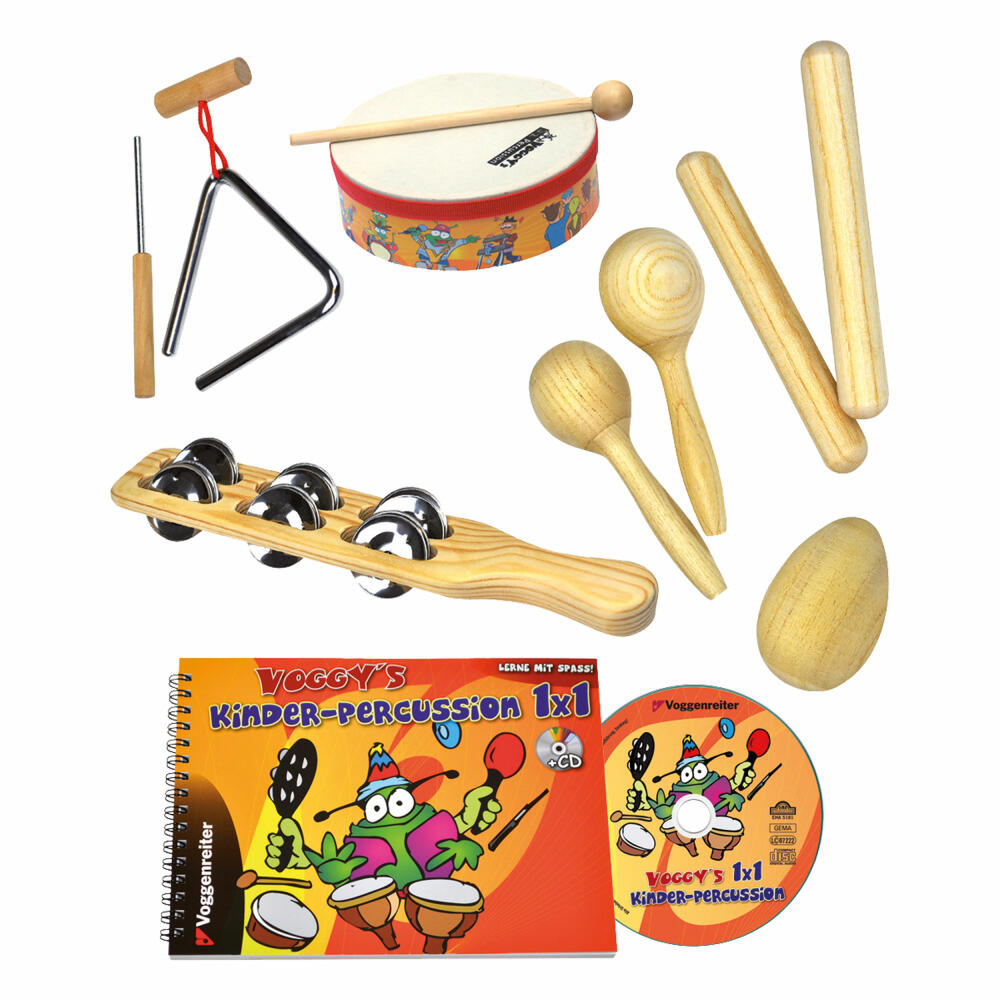 Voggenreiter Voggys Percussion-Set, 10-tlg., Maracas, Handtrommel, Trommel, Triangel, Egg-Shaker, Holz, ab 3 Jahre, 526