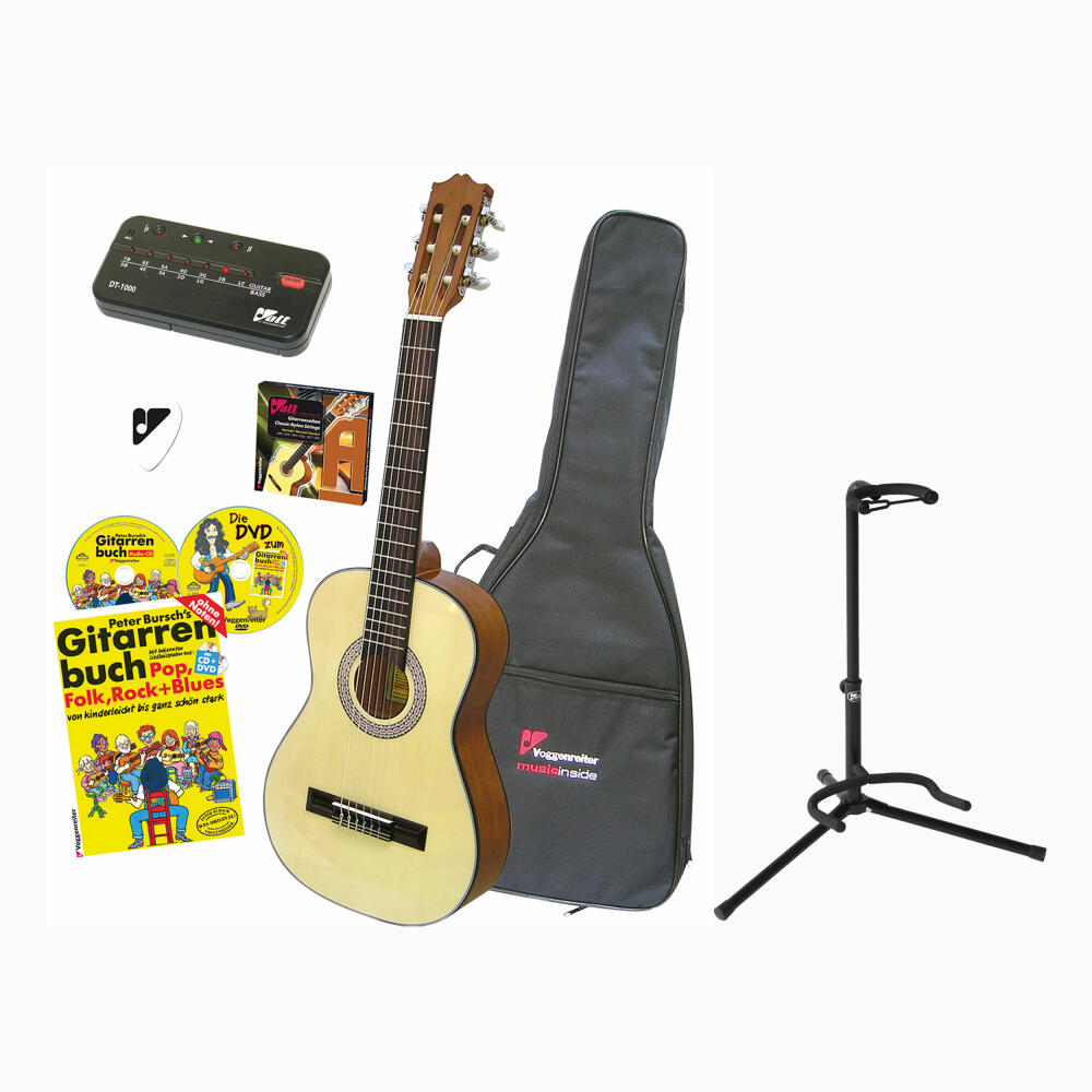 Voggenreiter Akustikgitarren Set, 7-tlg., Akustikgitarre 4/4, Gitarrenständer GS-100, Gitarre, Gitarrenhalter