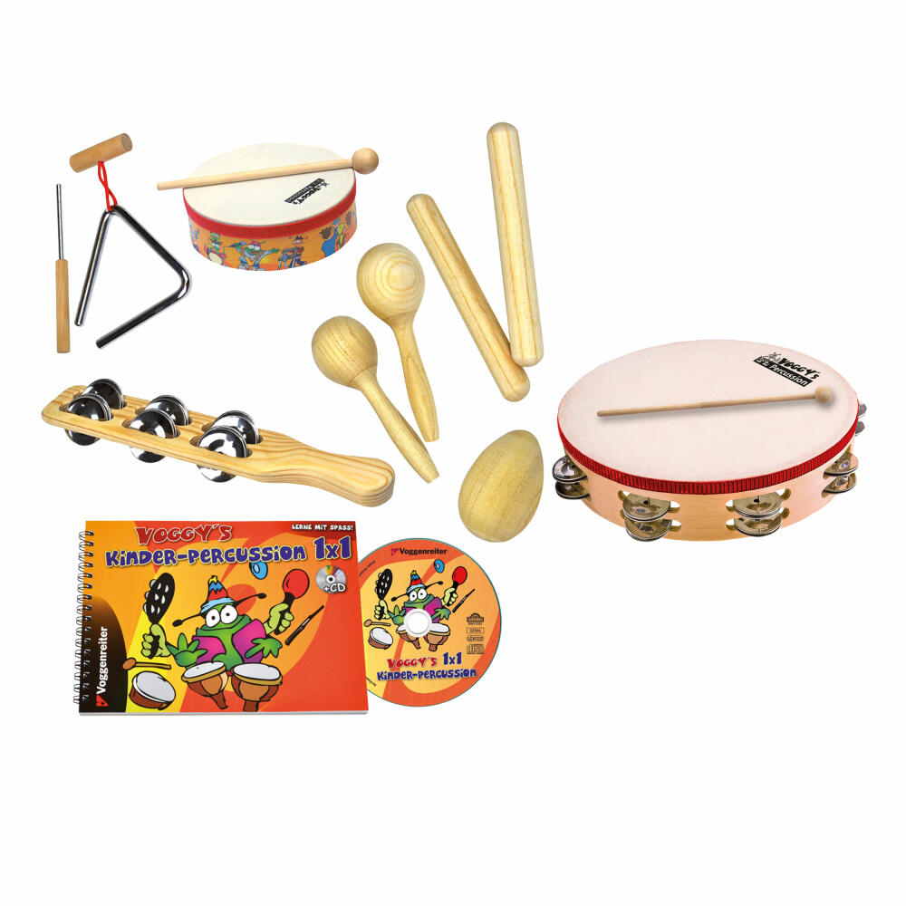 Voggenreiter Percussion-Set, 11-tlg., Maracas, Trommel, Triangel, Egg-Shaker, Großes Tamburin, Schellenkranz