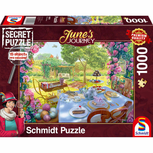 Schmidt Spiele Secret Puzzle Junes Journey Tee im Garten, Erwachsenenpuzzle, Wimmelbild, 1000 Teile, 59974