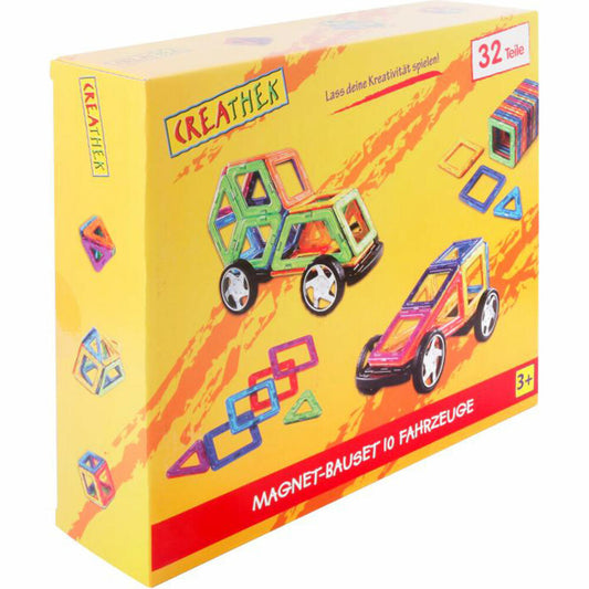 Creathek Magnet Bauset, 32-tlg., mit Rädern, Magnetbausteine, Konstruktionsspielzeug, Kinder, Spielzeug, ab 3 Jahre, 63017841