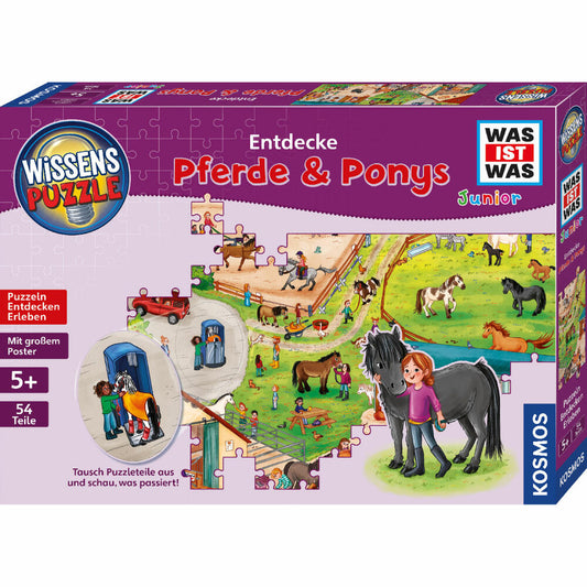 KOSMOS Wissenspuzzle WAS IST WAS Junior Entdecke Pferde & Ponys, Kinderspiel, Puzzle, Wimmelbild, ab 5 Jahren, 683672