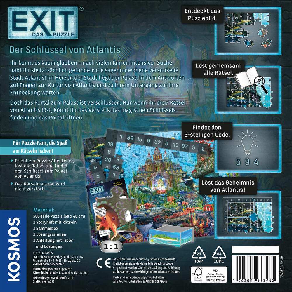 KOSMOS EXIT - Das Puzzle: Der Schlüssel von Atlantis, Rätselpuzzle, Storypuzzle, 500 Teile, ab 10 Jahren, 683962