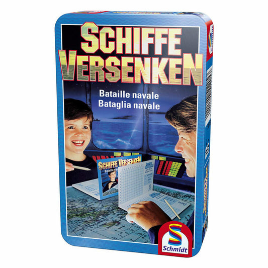 Schmidt Spiele Schiffe versenken, Bring-Mich-Mit-Spiel in Metalldose, Brettspiel, Gesellschaftsspiel, bis 2 Spieler, 51205