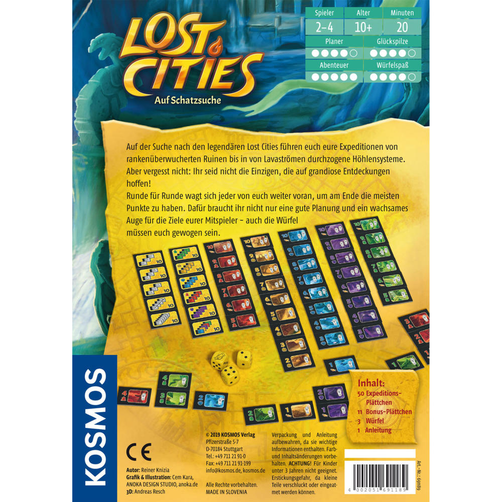 KOSMOS Lost Cities - Auf Schatzsuche, Würfelspiel, Spiel, Spielware, Gemeinschaftsspiel, 2-4 Spieler, ab 10 Jahren, 691189