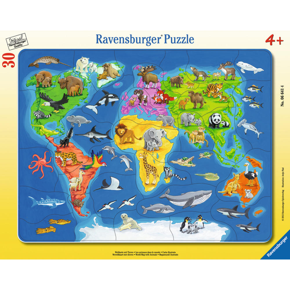 Ravensburger Puzzle Weltkarte Mit Tieren, Rahmenpuzzle, Kinderpuzzle, Legespiel, Kinder Spiel, Puzzlespiel, 30 Teile, 06641 4