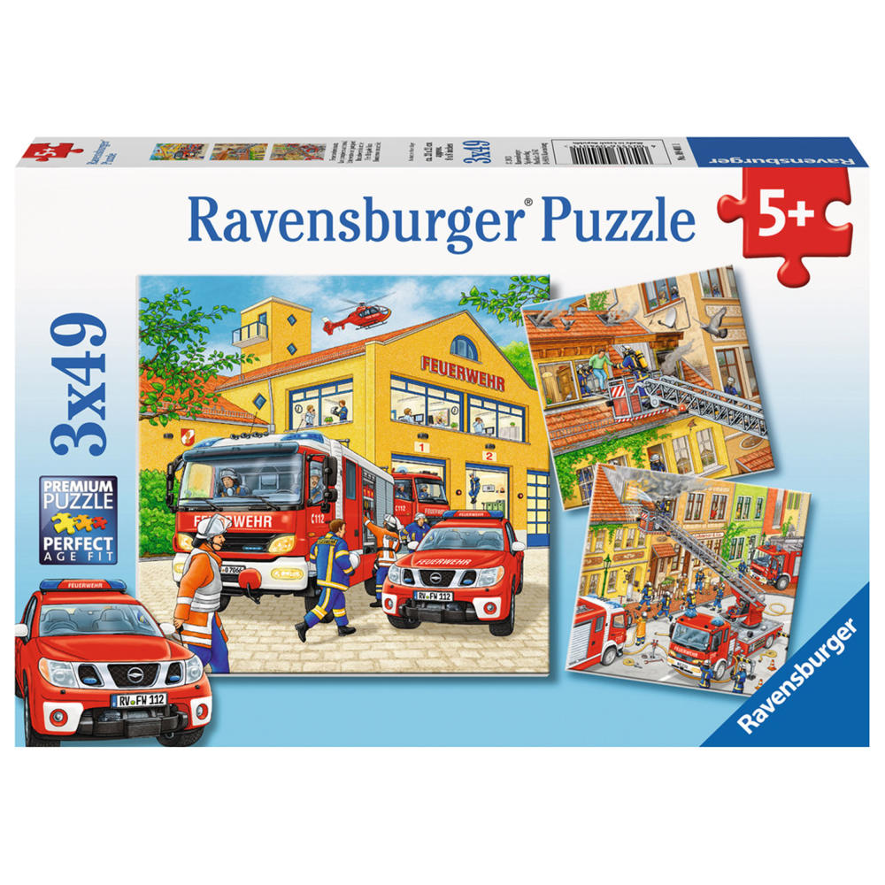 Ravensburger Puzzle Feuerwehreinsatz, Kinderpuzzle, Legespiel, Kinder Spiel, Puzzlespiel, Inklusive Mini-Poster, 3 x 49 Teile, 09401 1