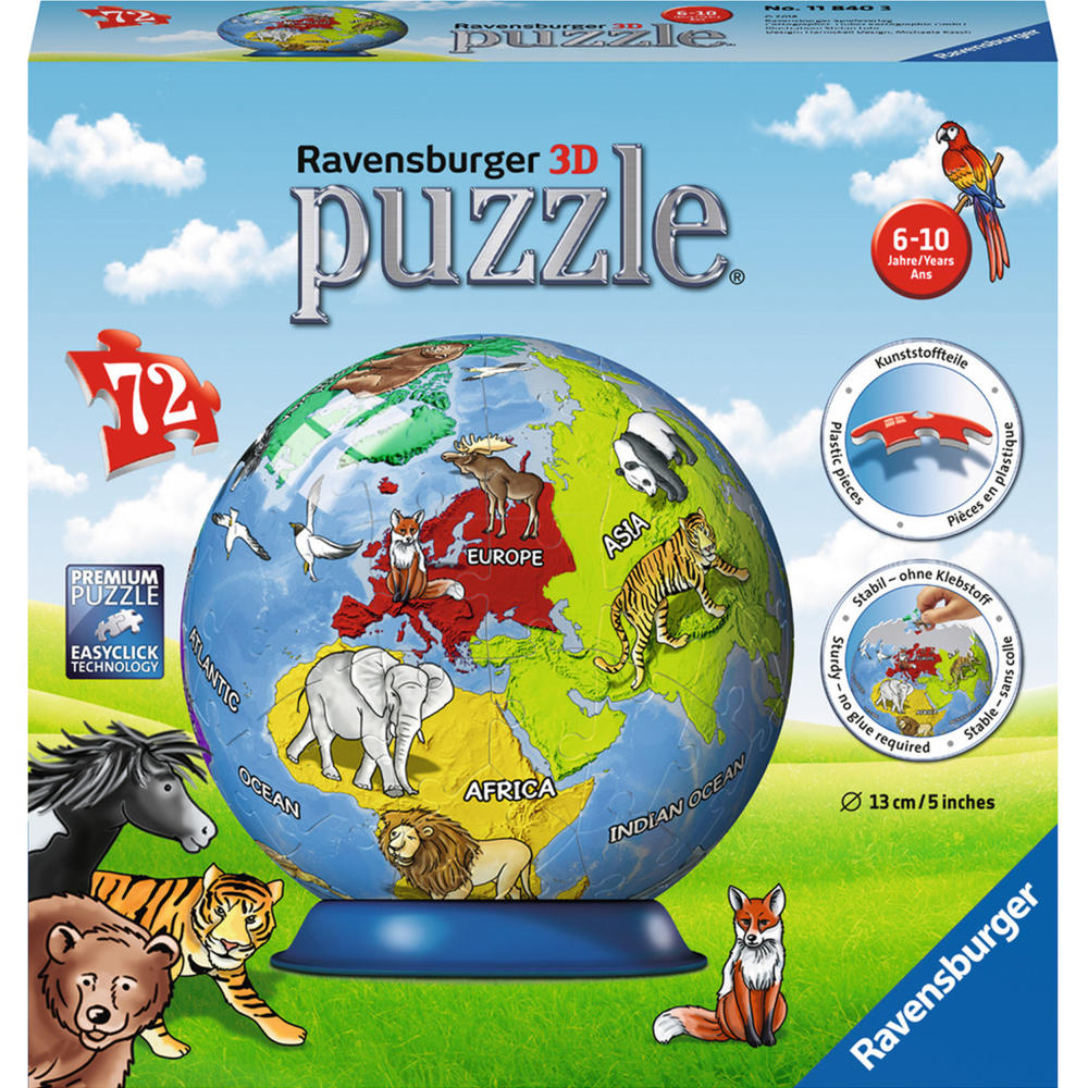 Ravensburger 3D Puzzle Kindererde, Puzzle-Ball, Kinderpuzzle, Legespiel, Puzzlespiel, 72 Teile, 11840 3