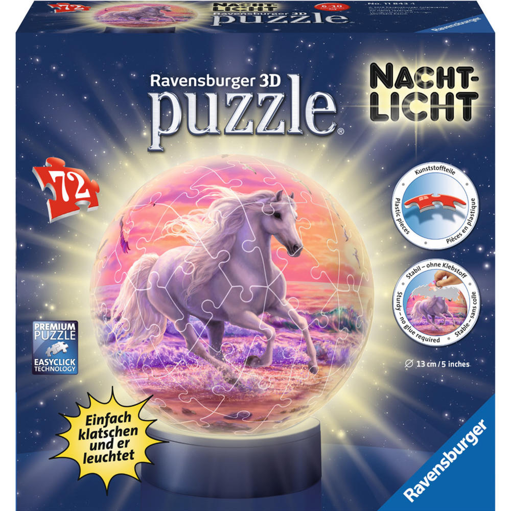 Ravensburger 3D Puzzle Pferde Am Strand, Puzzle-Ball, Nachtlicht, Kinderpuzzle, Puzzlespiel, 72 Teile, 11843 4