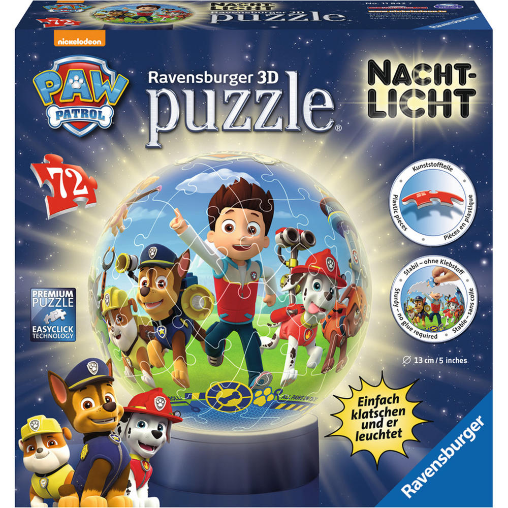 Ravensburger 3D Puzzle Paw Patrol, Puzzle-Ball, Nachtlicht, Kinderpuzzle, Puzzlespiel, 72 Teile, 11842 7