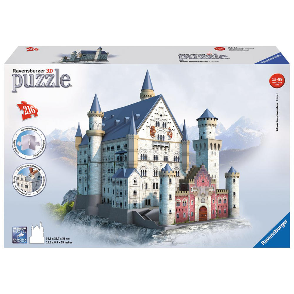 Ravensburger 3D Puzzle Bauwerke Schloss Neuschwanstein, Kinderpuzzle, Erwachsenenpuzzle, Legespiel, Puzzlespiel, Easy Click Technology, 216 Teile, 12573 9