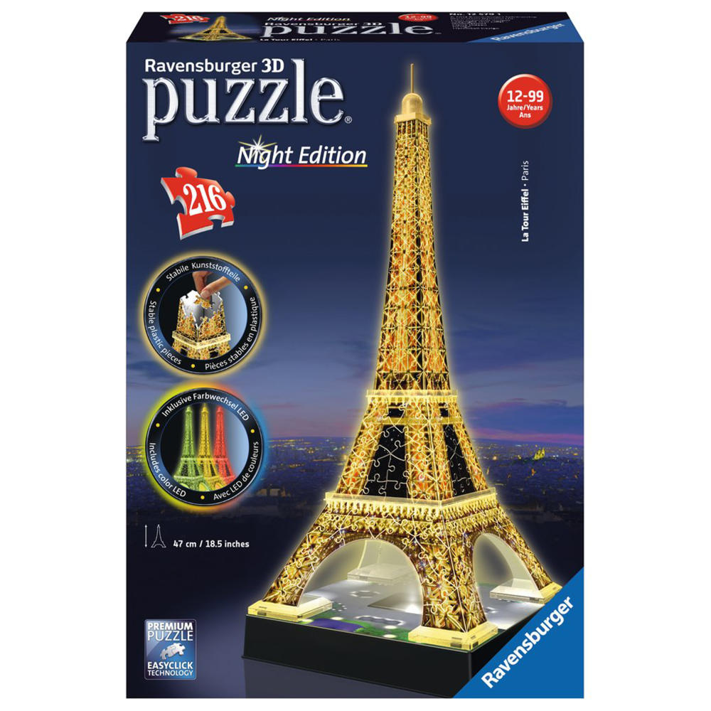 Ravensburger 3D Puzzle Bauwerke Eiffelturm Bei Nacht, Night Edition, Kinderpuzzle, Erwachsenenpuzzle, Puzzlespiel, Easy Click Technology, Inklusive Farbwechsel LED, 216 Teile, 12579 1