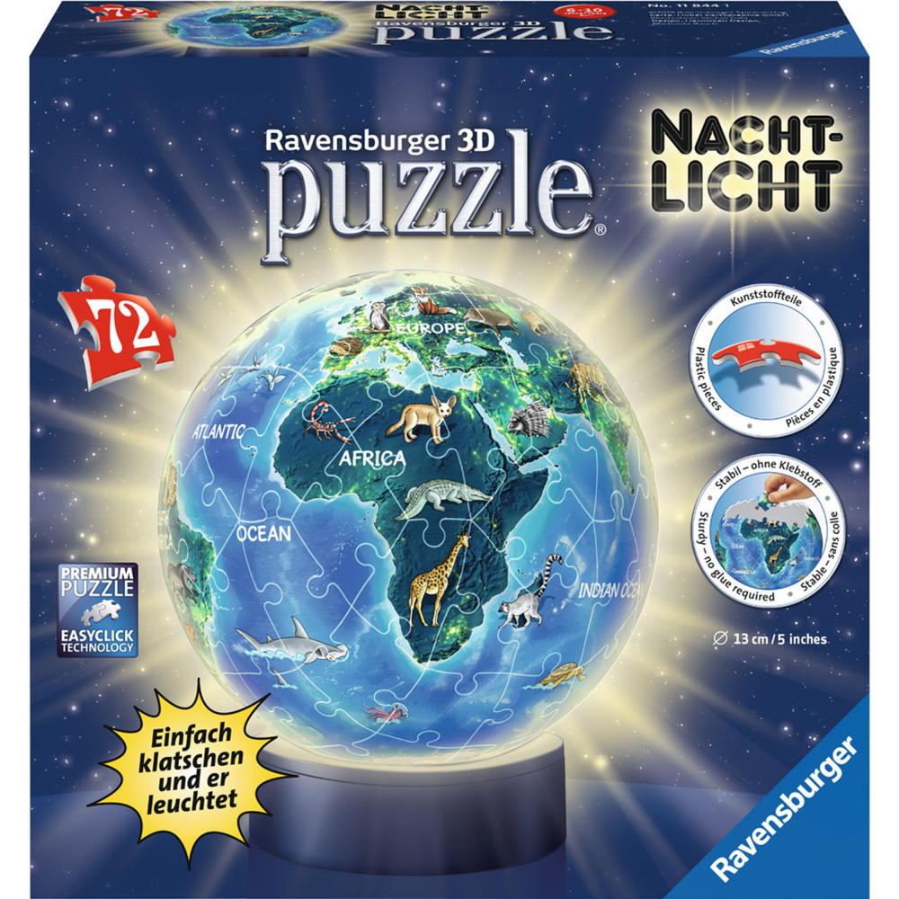Ravensburger 3D Puzzle Erde Im Nachtdesign, Puzzle-Ball, Nachtlicht, Kinderpuzzle, Puzzlespiel, 72 Teile, 11844 1