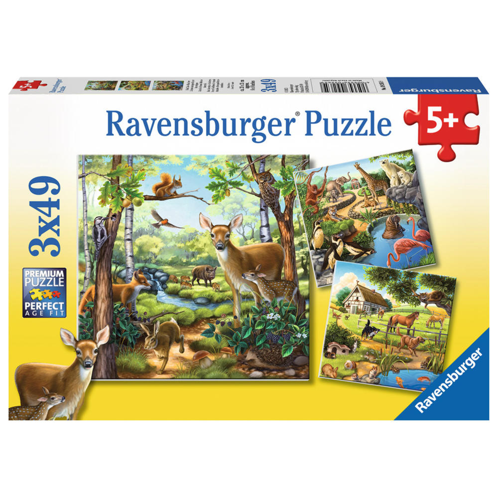 Ravensburger Puzzle Wald- / Zoo- / Haustiere, Kinderpuzzle, Legespiel, Kinder Spiel, Puzzlespiel, Inklusive Mini-Poster, 3 x 49 Teile, 09265 9