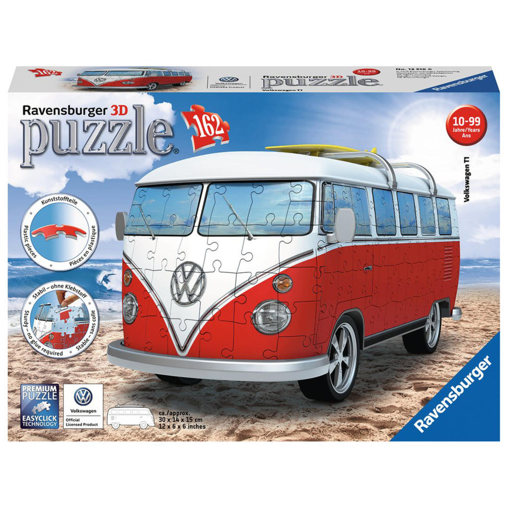 Ravensburger 3D Puzzle Fahrzeuge Volkswagen T1 Surfer Edition, Puzzle-Sonderformen, VW, Bulli, Kinderpuzzle, Erwachsenenpuzzle, Puzzlespiel, 162 Teile, 12516 6