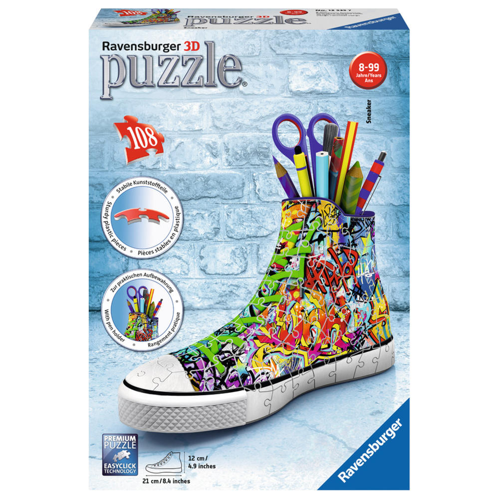 Ravensburger 3D Puzzle Organizer Sneaker Graffiti Style, Puzzle-Sonderformen, Stiftebox, Kinderpuzzle, Erwachsenenpuzzle, Puzzlespiel, 108 Teile, 12535 7